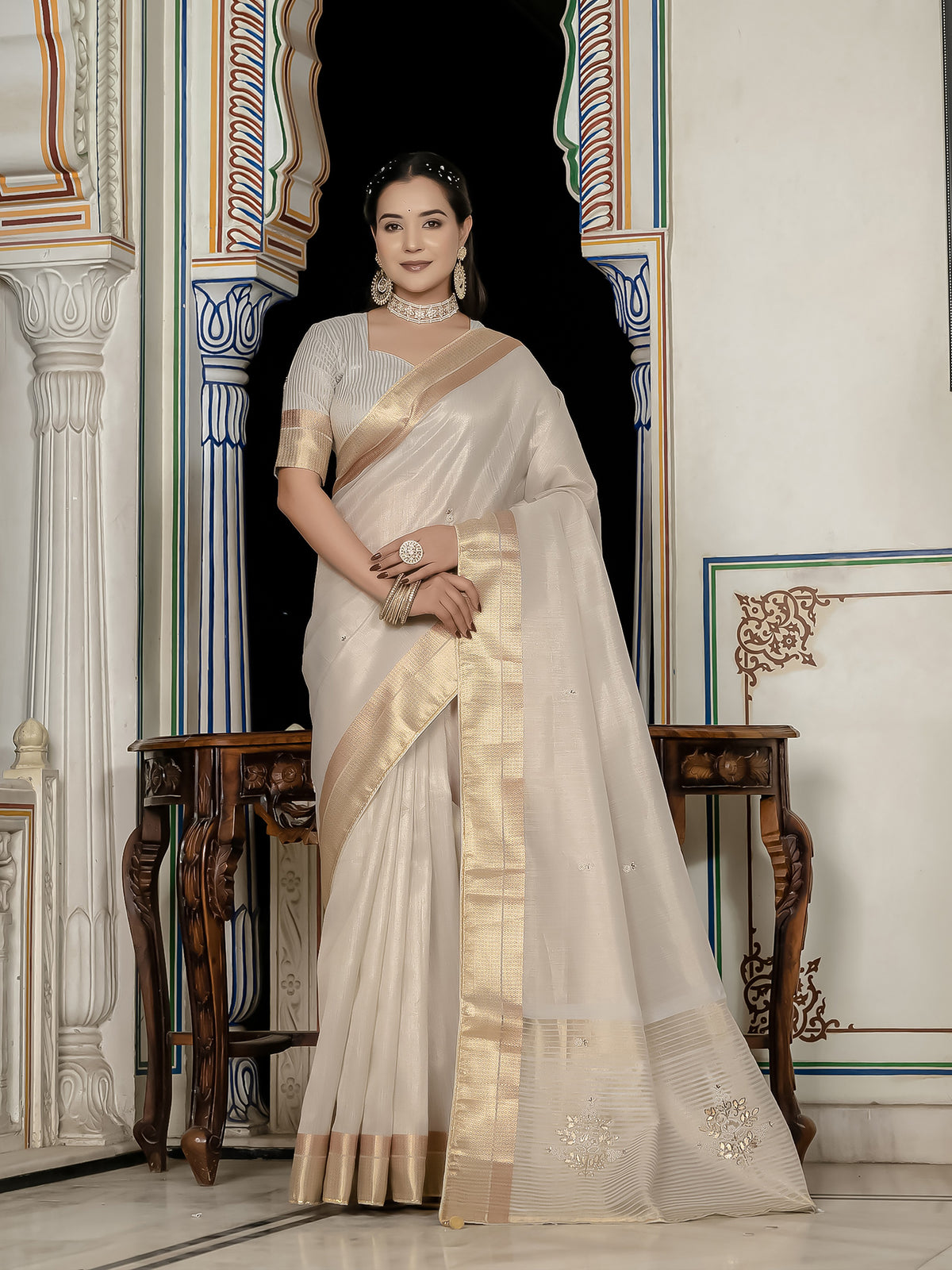 Silver Color Tissue Linen Khatli Handwork Designer Saree