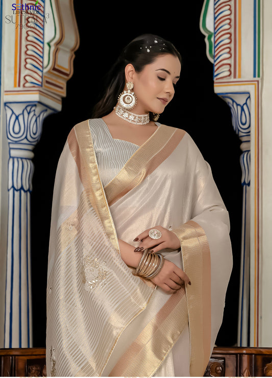 Silver Color Tissue Linen Khatli Handwork Designer Saree