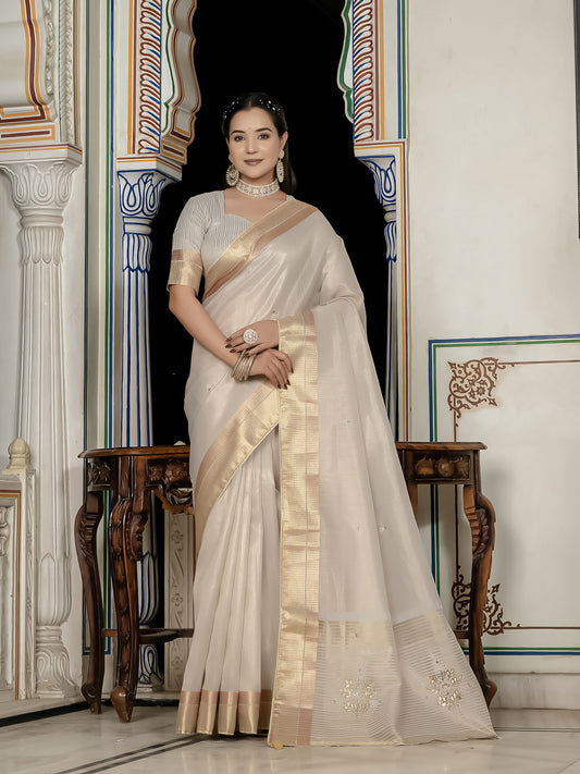 Silver Color Tissue Linen Khatli Handwork Designer Saree