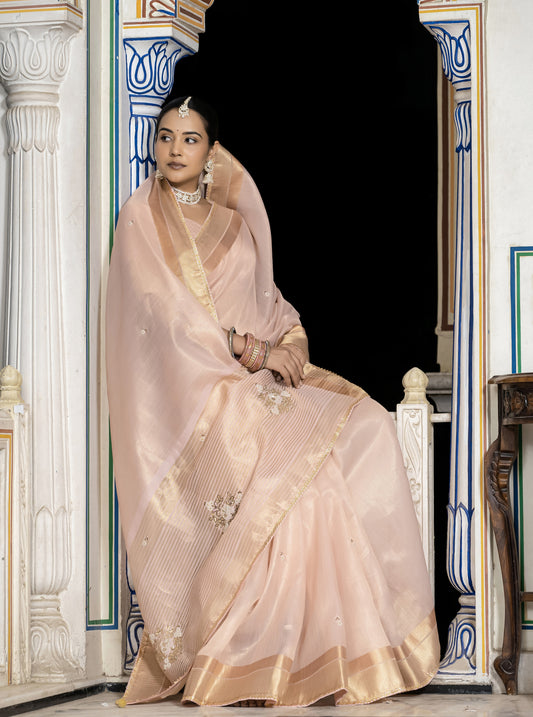 Light Pink Color Tissue Linen Khatli Handwork Designer Saree