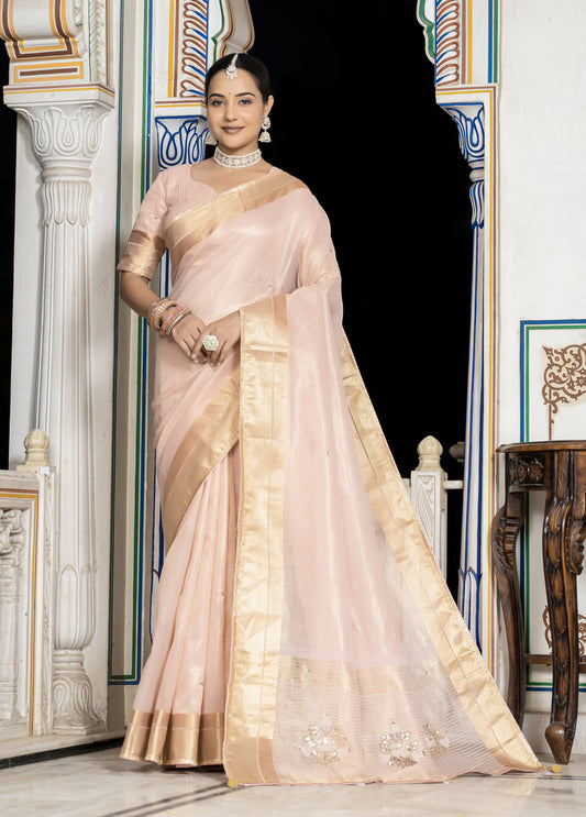 Light Pink Color Tissue Linen Khatli Handwork Designer Saree