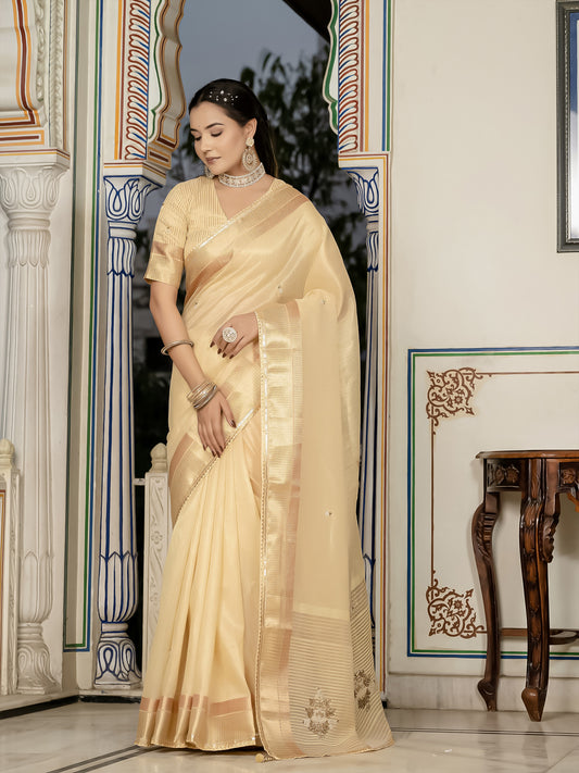 Light Yellow Color Tissue Linen Khatli Handwork Designer Saree