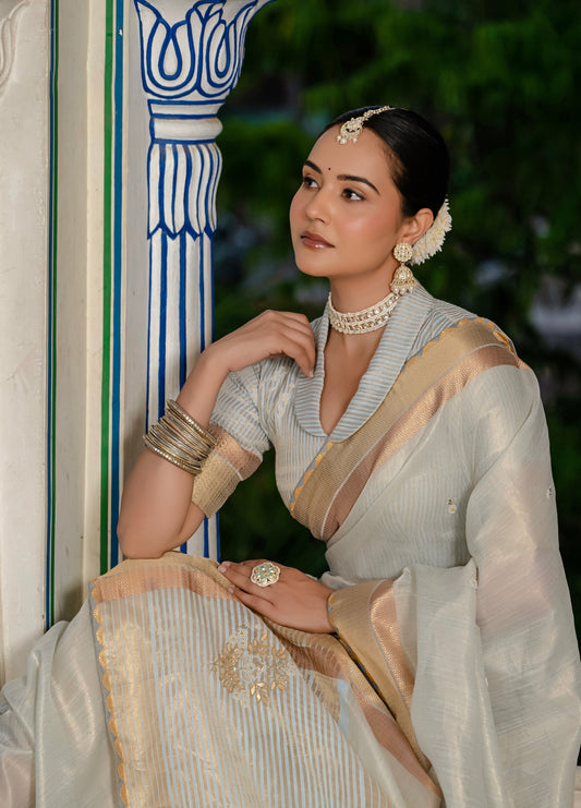 Light Grey Color Tissue Linen Khatli Handwork Designer Saree