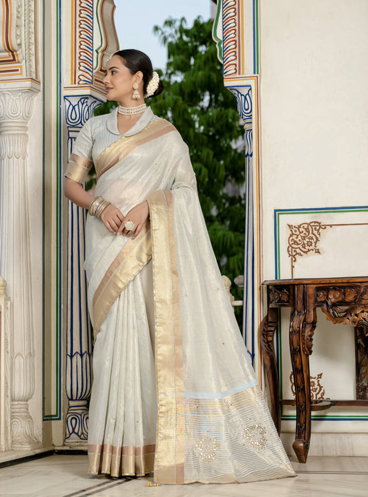 Light Grey Color Tissue Linen Khatli Handwork Designer Saree