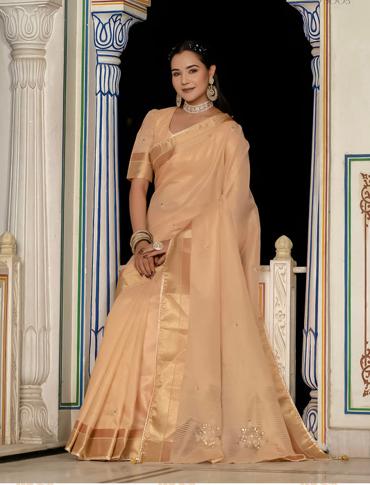 Light Peach Tissue Linen Khatli Handwork Designer Saree