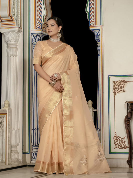 Light Peach Tissue Linen Khatli Handwork Designer Saree