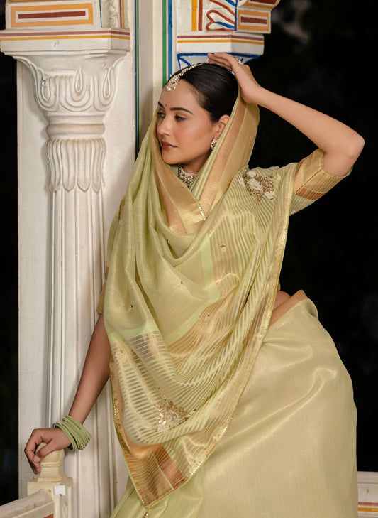 Light Green Tissue Linen Khatli Handwork Designer Saree