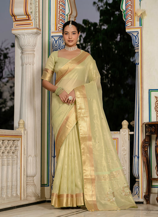 Light Green Tissue Linen Khatli Handwork Designer Saree