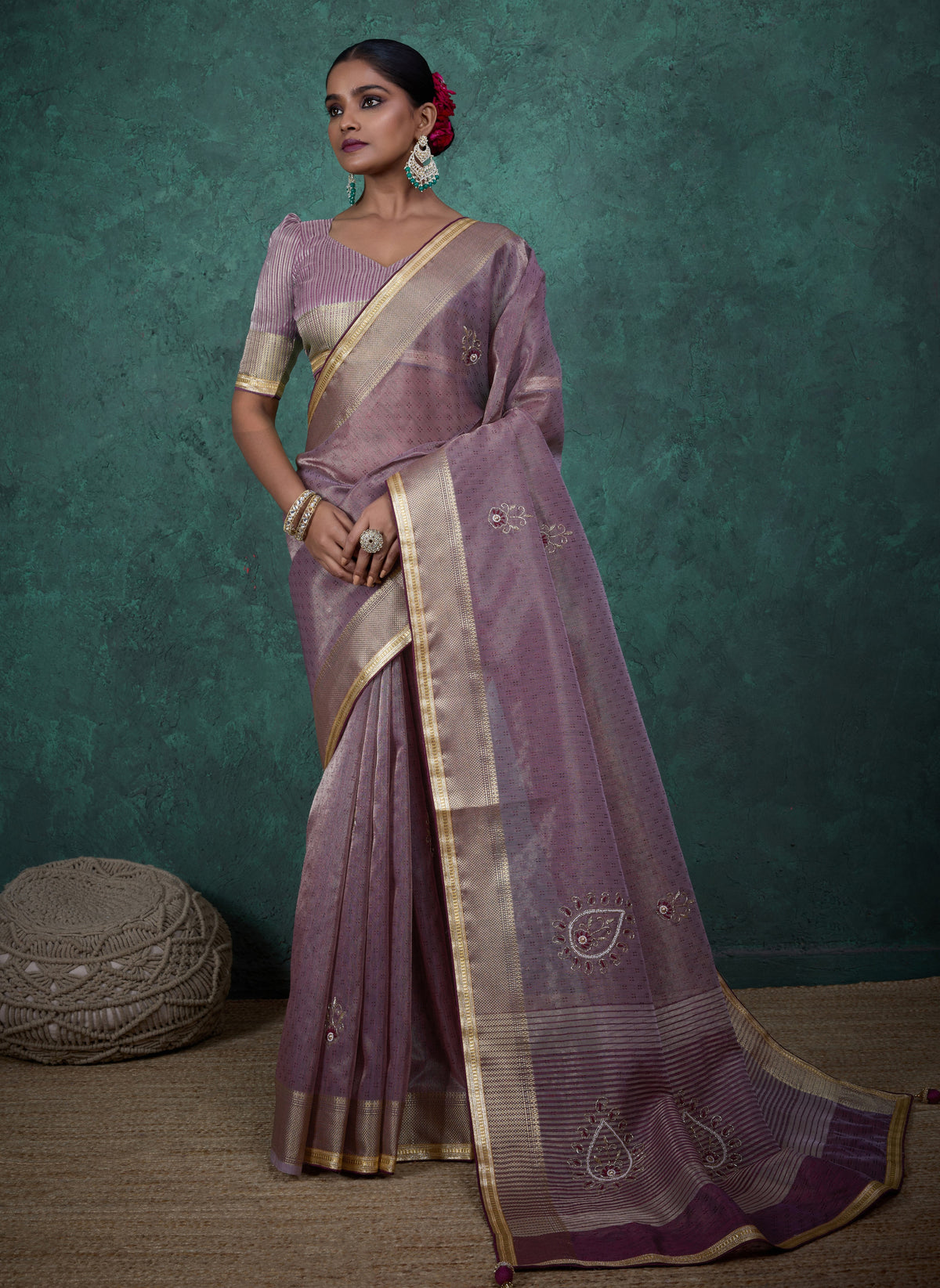 Elegant Light Purple Color Tissue Linen Khatli Handwork Saree