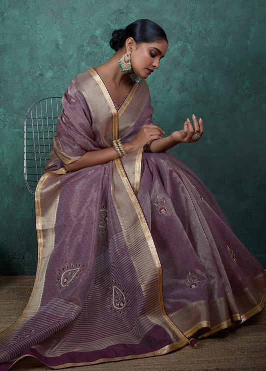 Elegant Light Purple Color Tissue Linen Khatli Handwork Saree