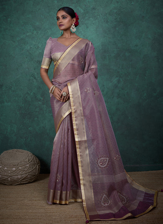 Elegant Light Purple Color Tissue Linen Khatli Handwork Saree