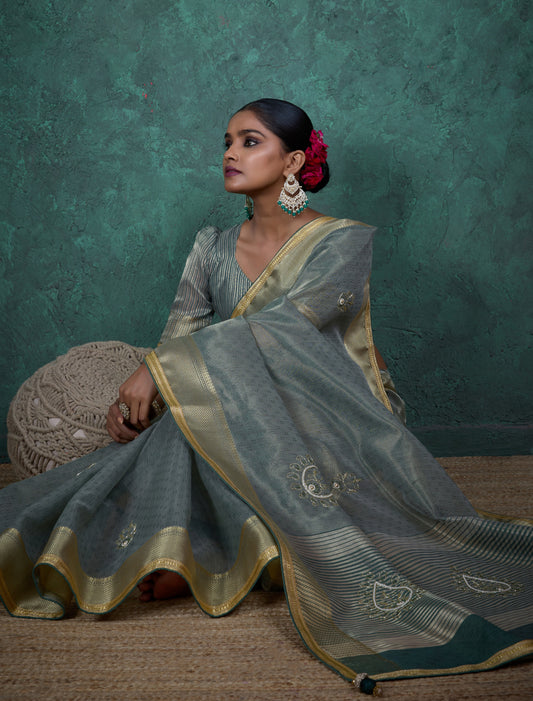 Elegant Light Teal Color Tissue Linen Khatli Handwork Saree