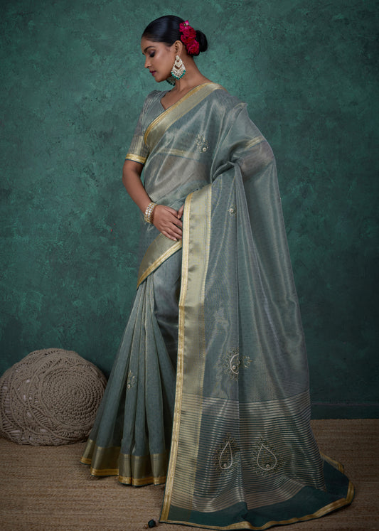 Elegant Light Teal Color Tissue Linen Khatli Handwork Saree
