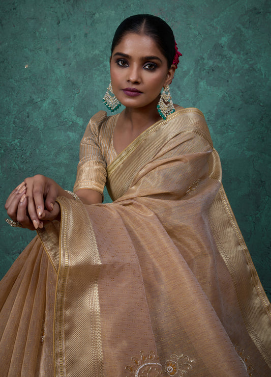 Elegant Beige Color Tissue Linen Khatli Handwork Saree