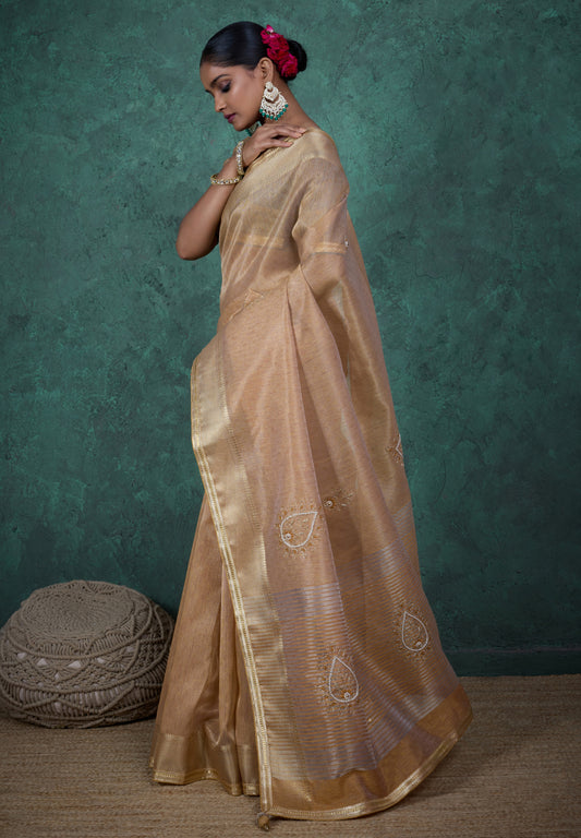 Elegant Beige Color Tissue Linen Khatli Handwork Saree