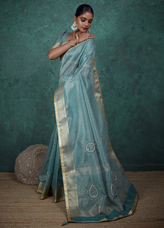 Elegant Light blue Color Tissue Linen Khatli Handwork Saree