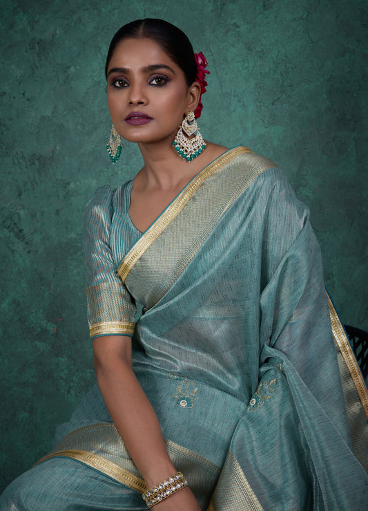 Elegant Light blue Color Tissue Linen Khatli Handwork Saree