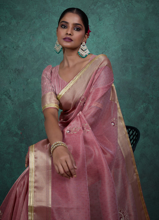 Elegant Light Pink Color Tissue Linen Khatli Handwork Saree