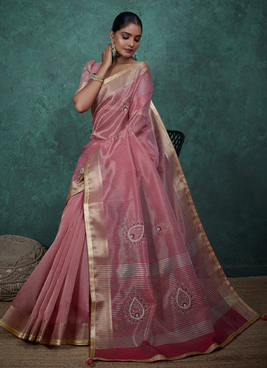 Elegant Light Pink Color Tissue Linen Khatli Handwork Saree