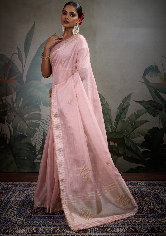 Beutifull Light Pink Color Tissue Linen Khatli Handwork Classic Saree