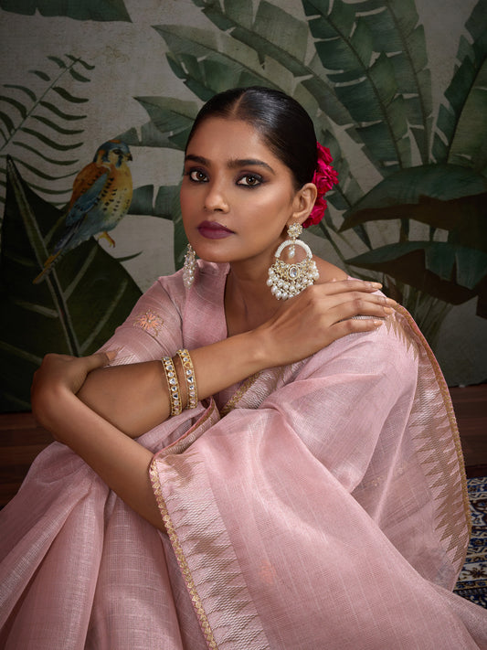 Beutifull Light Pink Color Tissue Linen Khatli Handwork Classic Saree