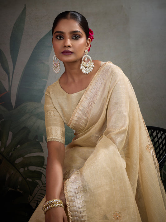 Beutifull Light Yellow Color Tissue Linen Khatli Handwork Classic Saree