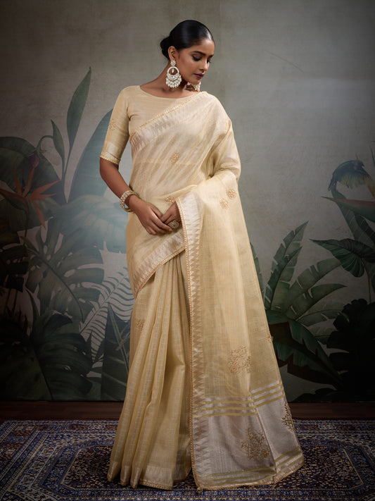Beutifull Light Yellow Color Tissue Linen Khatli Handwork Classic Saree