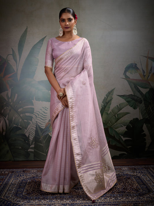 Beutifull Lilac Color Tissue Linen Khatli Handwork Classic Saree