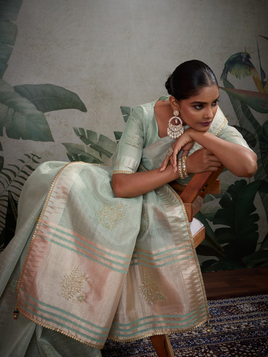 Beutifull Light blue Color Tissue Linen Khatli Handwork Classic Saree