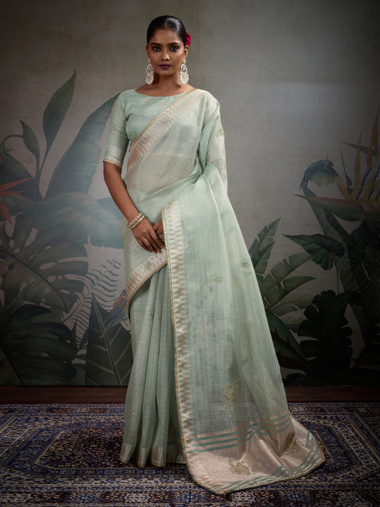 Beutifull Light blue Color Tissue Linen Khatli Handwork Classic Saree