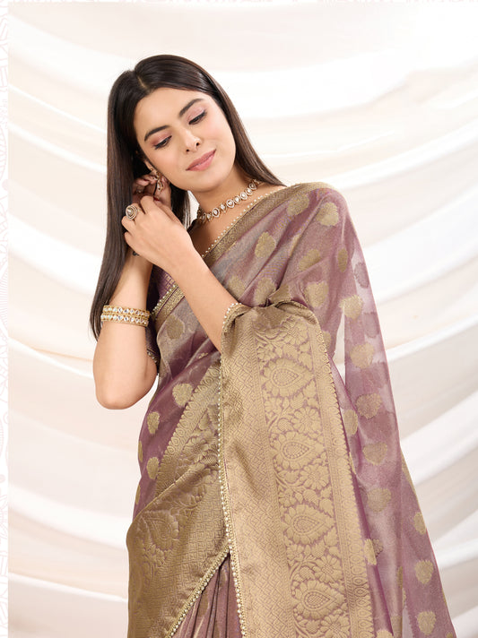 Ethnic Light Purple Crush Tissue Zari Border Work Designer Saree