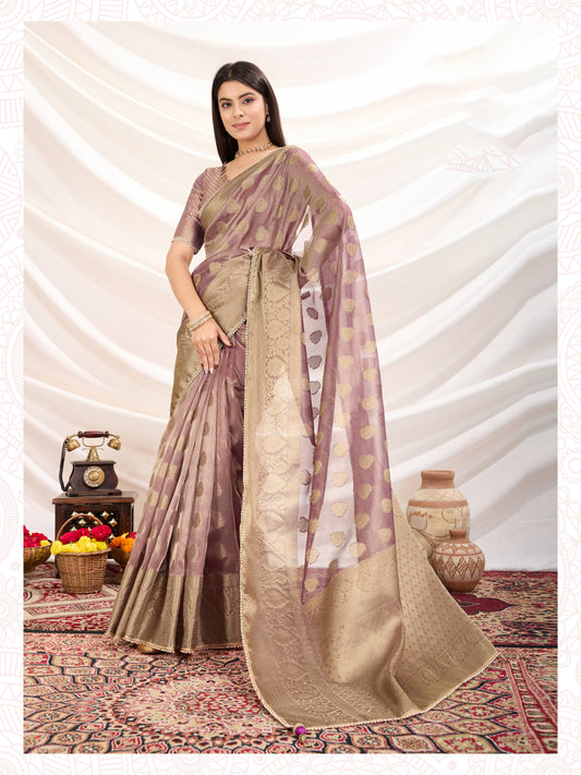 Ethnic Light Purple Crush Tissue Zari Border Work Designer Saree