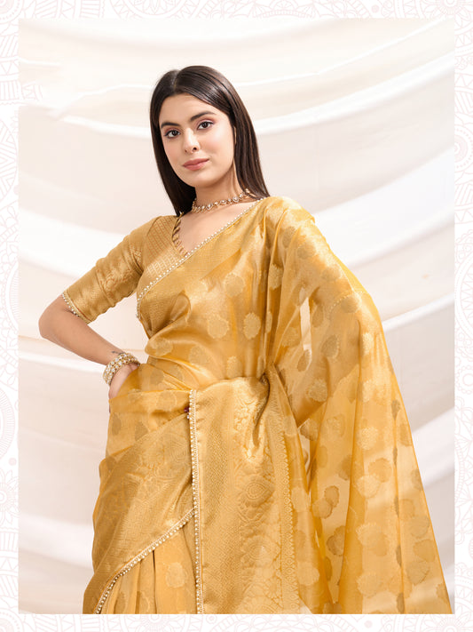 Ethnic Light Yellow Crush Tissue Zari Border Work Designer Saree