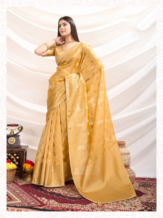 Ethnic Light Yellow Crush Tissue Zari Border Work Designer Saree