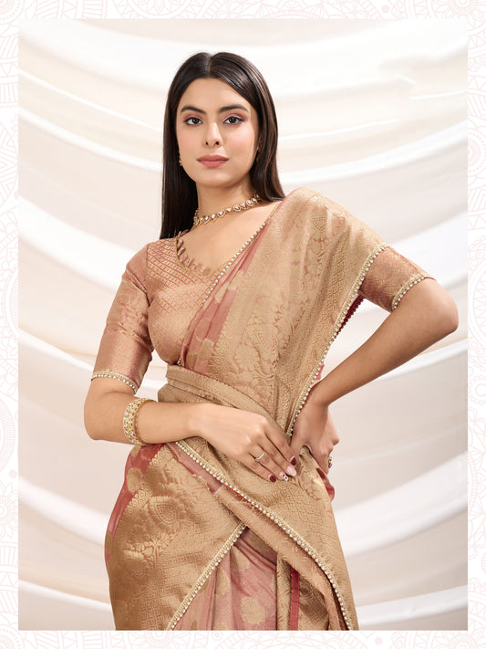 Ethnic Light Peach Crush Tissue Zari Border Work Designer Saree