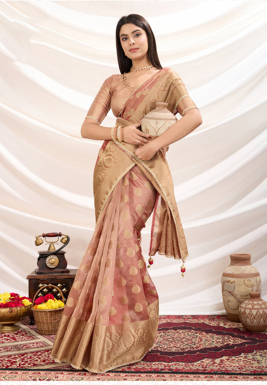 Ethnic Light Peach Crush Tissue Zari Border Work Designer Saree