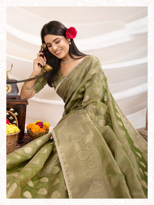 Ethnic Light Green Crush Tissue Zari Border Work Designer Saree