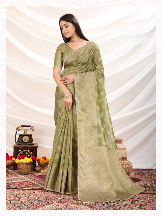 Ethnic Light Green Crush Tissue Zari Border Work Designer Saree