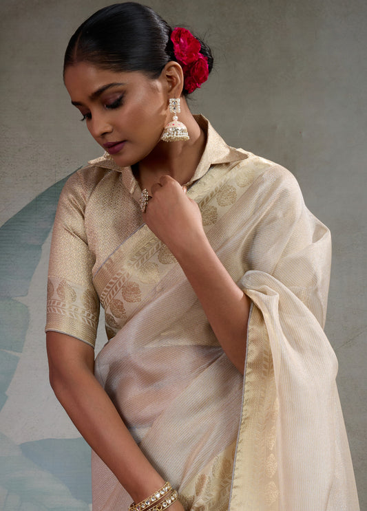 Moiety Off White Soft Tissue Silk Saree With Tissue Brocade Blouse Piece