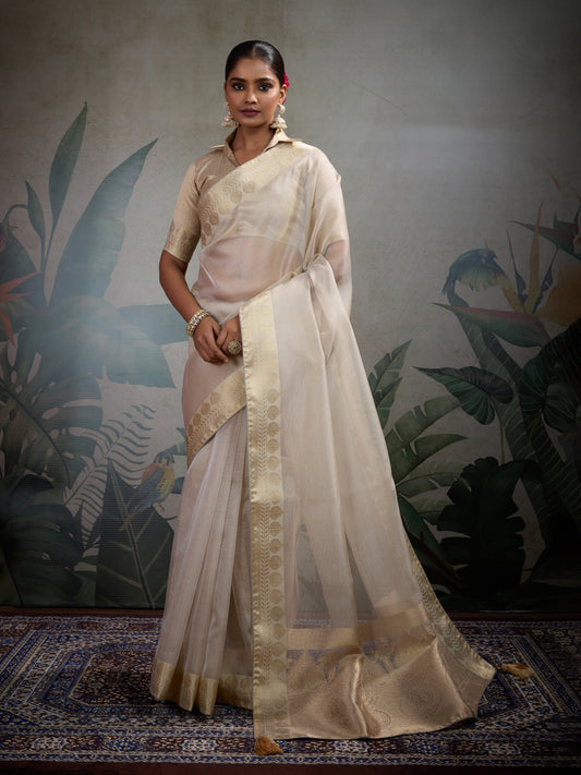 Moiety Off White Soft Tissue Silk Saree With Tissue Brocade Blouse Piece