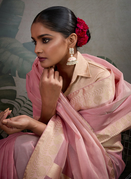 Moiety Light Pink Soft Tissue Silk Saree With Tissue Brocade Blouse Piece