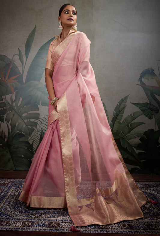 Moiety Light Pink Soft Tissue Silk Saree With Tissue Brocade Blouse Piece