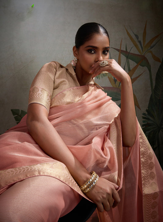 Moiety Light Peach Soft Tissue Silk Saree With Tissue Brocade Blouse Piece