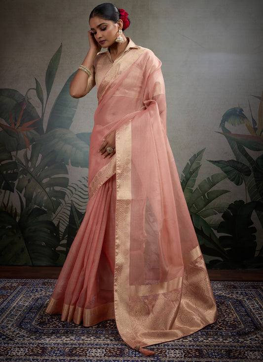 Moiety Light Peach Soft Tissue Silk Saree With Tissue Brocade Blouse Piece