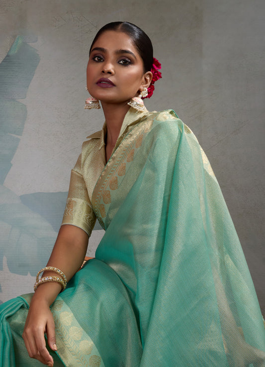 Moiety Light blue Soft Tissue Silk Saree With Tissue Brocade Blouse Piece