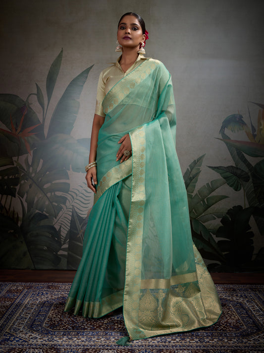 Moiety Light blue Soft Tissue Silk Saree With Tissue Brocade Blouse Piece