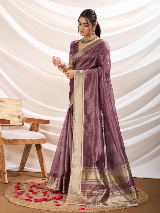 Plum color Soft Linen Tissue Designer Border Work Saree