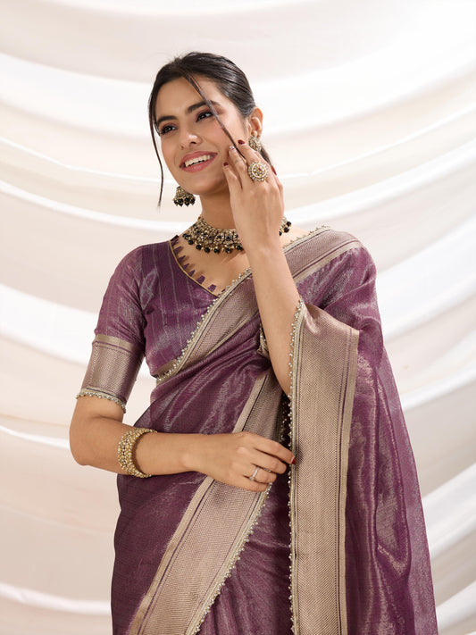 Plum color Soft Linen Tissue Designer Border Work Saree