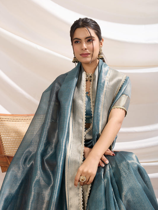 Aqua blue color Soft Linen Tissue Designer Border Work Saree