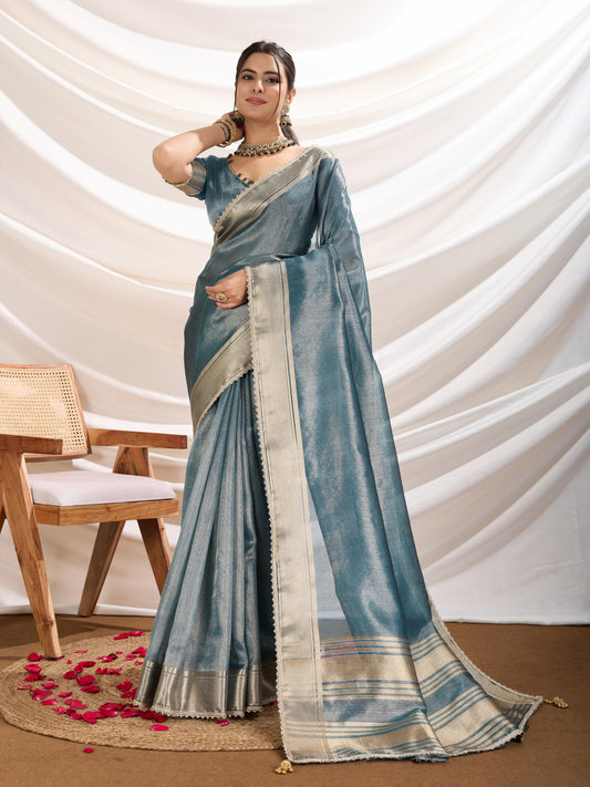 Aqua blue color Soft Linen Tissue Designer Border Work Saree